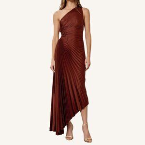 A.L.C. One Shoulder Midi Dress Brown Size 4 Satin Pleated Gown Formal Party $650